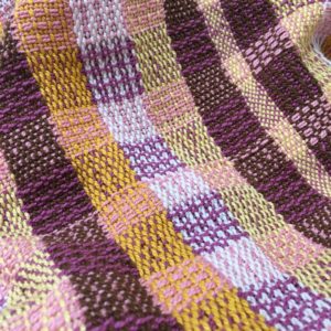 TW Weaving Pink, deep lilac, yellow, white brown Baby Blanket. 100% cotton. 47"x 27.5".