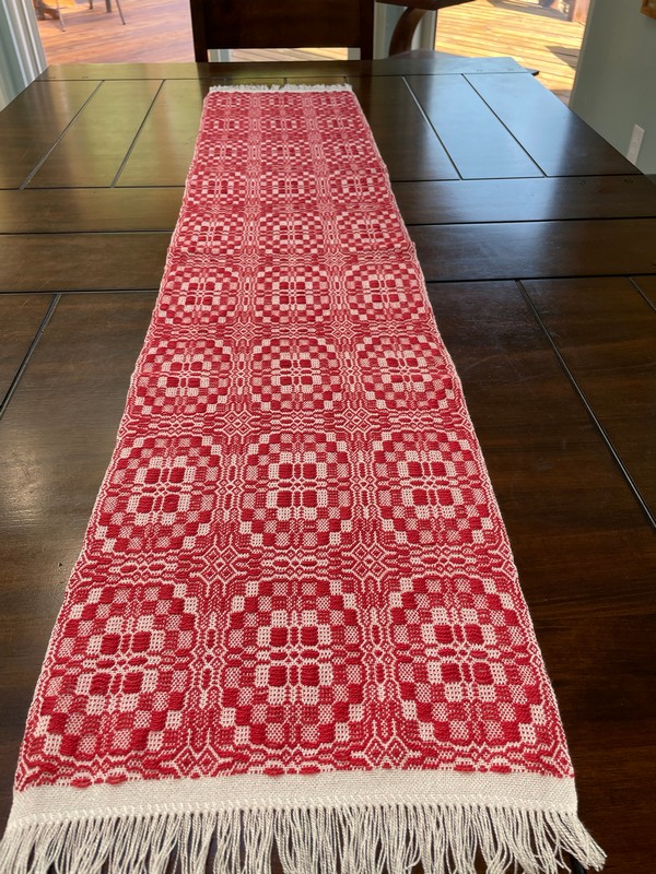 TW Weaving Table Runner #118 Rayon and Cotton Overshot Table Runner Red on White 53.5" x 11.5"