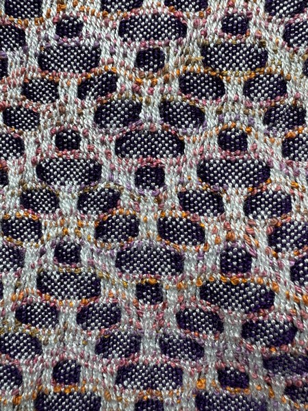 TW Weaving Honeycomb 100% Rayon purple and variegated sherbert on white 70.5" x 8" excluding fringe